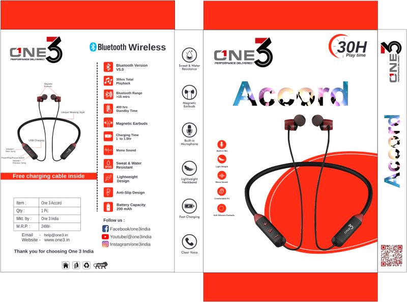 One 3 Accord Wireless Bluetooth Neckband in Ear with Mic, 30 hrs Continuous Playtime, Fully Charged in 1-1.5 hrs with 200 mAh Battery Capacity - Image 6
