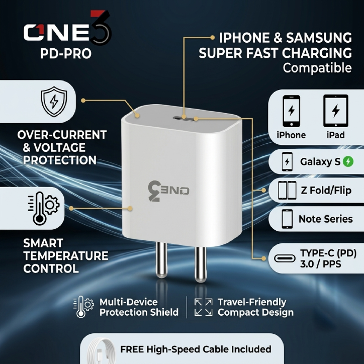 ONE3 25W PD-PRO Fast Mobile Charger Main ONE3 PD-PRO 25W Mobile Charger in white with Type-C port and free fast charging cable