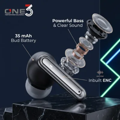 Close-up view of ONE3 Air 280 TWS Earbuds acoustic drivers and silicone ear tips