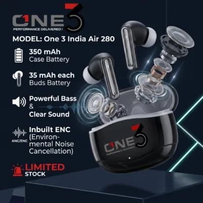 ONE3 Air 280 TWS Earbuds with 350 mAh Case and Inbuilt ENC