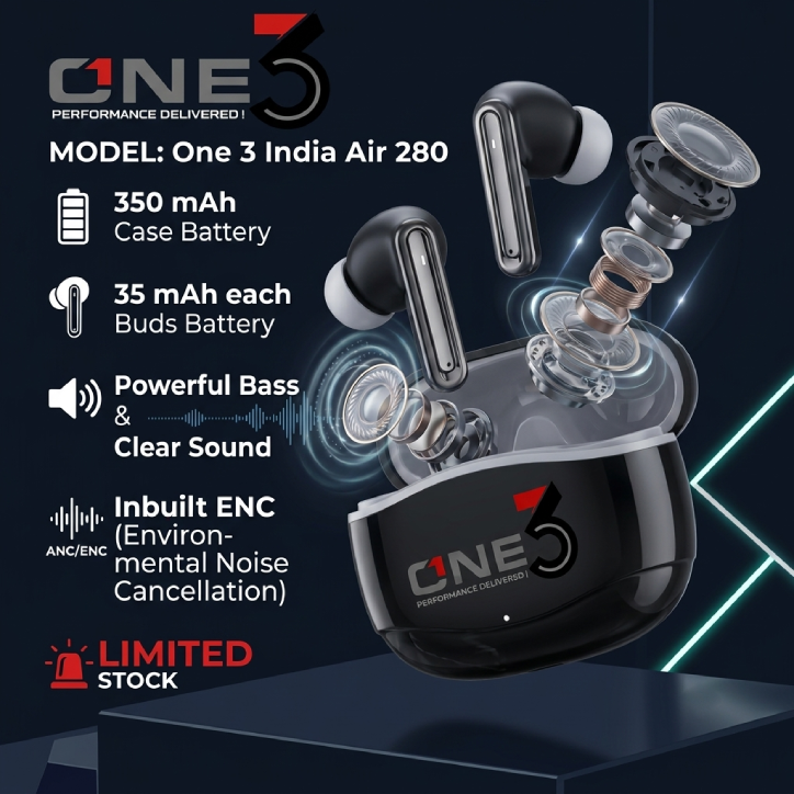 ONE3 Air 280 TWS Earbuds main ONE3 Air 280 TWS Earbuds with 350 mAh Case and Inbuilt ENC