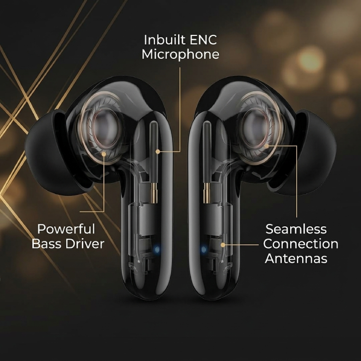 ONE3 India Air 340 True Wireless Earbuds Buds Close-up view of ONE3 India Air 340 glossy earbud stem with blue LED indicator