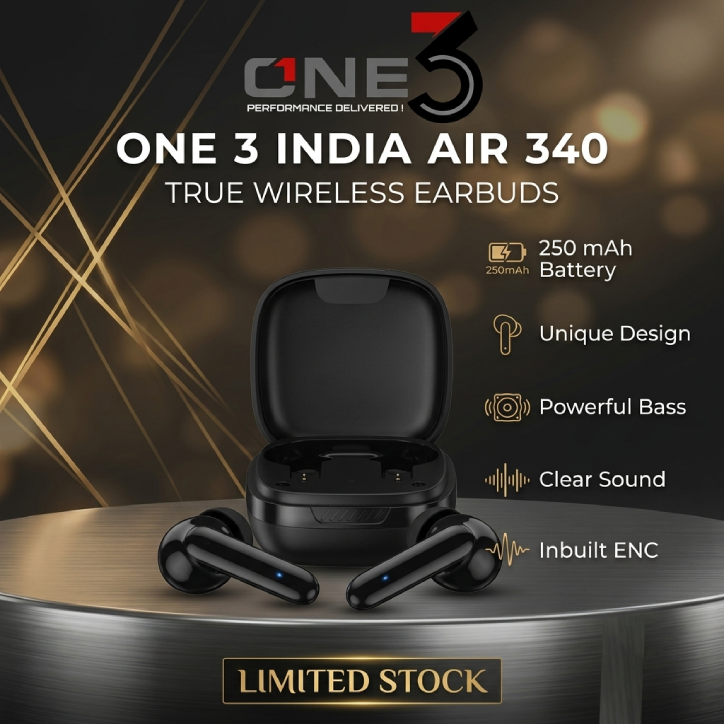 ONE3 India Air 340 True Wireless Earbuds main ONE3 India Air 340 True Wireless Earbuds with 250 mAh Battery Case and Inbuilt ENC
