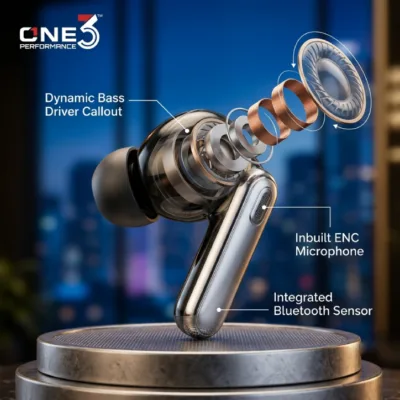 Close-up of ONE3 Prime 002 earbud stem showing silver chrome finish and sensor positioning