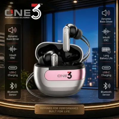 ONE3 Prime 002 TWS Earbuds in silver metallic charging case with Dynamic Bass and Inbuilt ENC