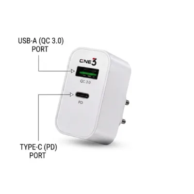 ONE3 QCPD 85W Mobile Charger in white with dual USB-C PD and QC 3.0 ports and bundled USB to C cable