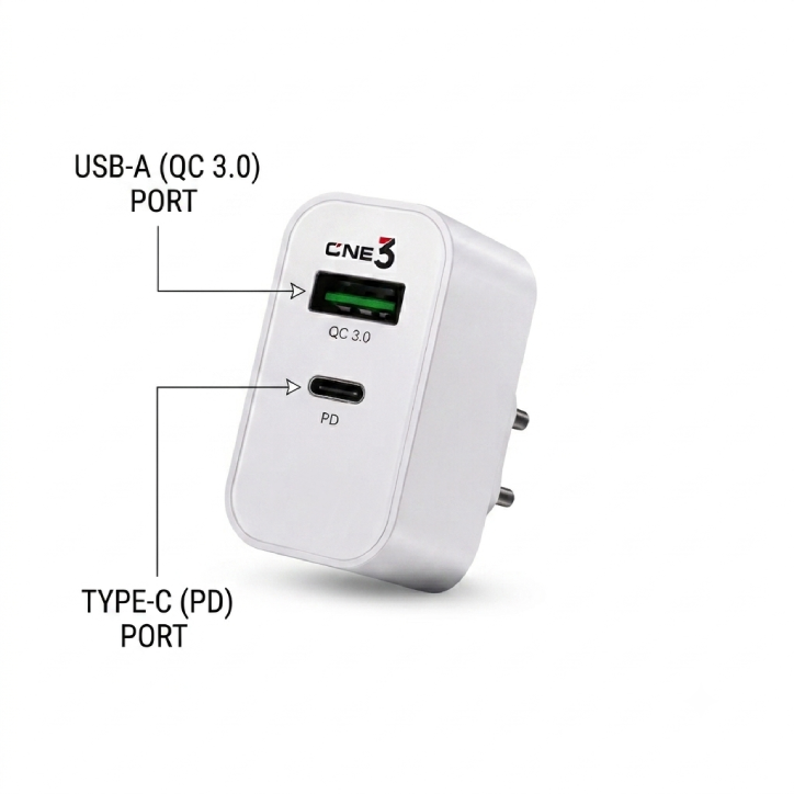 ONE3 QCPD 85W Mobile Charger Details ONE3 QCPD 85W Mobile Charger in white with dual USB-C PD and QC 3.0 ports and bundled USB to C cable