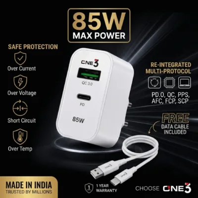 ONE3 QCPD 85W Mobile Charger in white with dual USB-C PD and QC 3.0 ports and bundled USB to C cable
