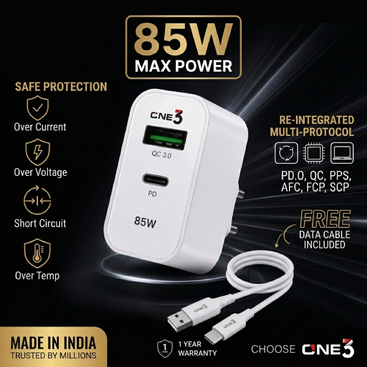 ONE3 QCPD 85W Mobile Charger Main ONE3 QCPD 85W Mobile Charger in white with dual USB-C PD and QC 3.0 ports and bundled USB to C cable