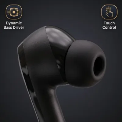 Close-up view of ONE3 TWS glossy earbud showing touch control zone and ergonomic silicone ear tip
