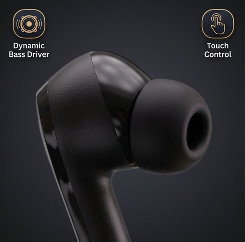 ONE3 TWS True Wireless Stereo Earbuds Buds Close-up view of ONE3 TWS glossy earbud showing touch control zone and ergonomic silicone ear tip