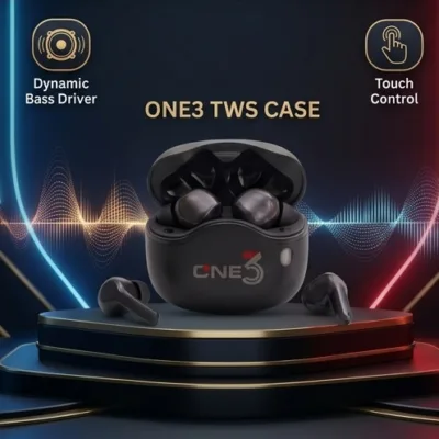 ONE3 TWS charging case showing Type-C fast charging port and 20 hours battery capability