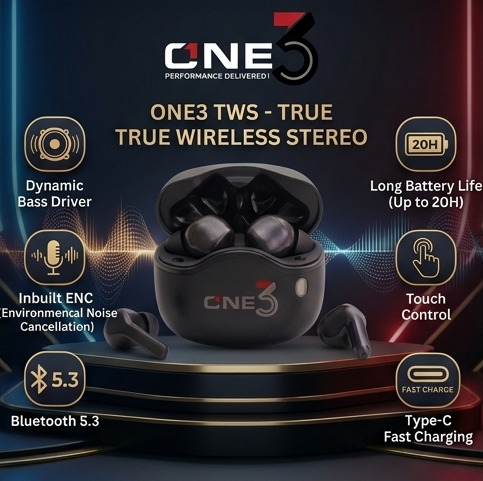 ONE3 TWS True Wireless Stereo Earbuds Main NE3 TWS True Wireless Stereo Earbuds with Bluetooth 5.3, 20 Hours Battery, and Inbuilt ENC