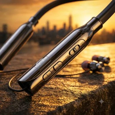 Alt Text: Detailed view of ONE3 V-MEX neckband control stalk showing power switch and tactile volume buttons