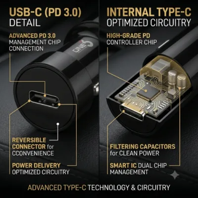ONE3 CARMAXQCPD car charger showing red shield outline with multi-protection safety features