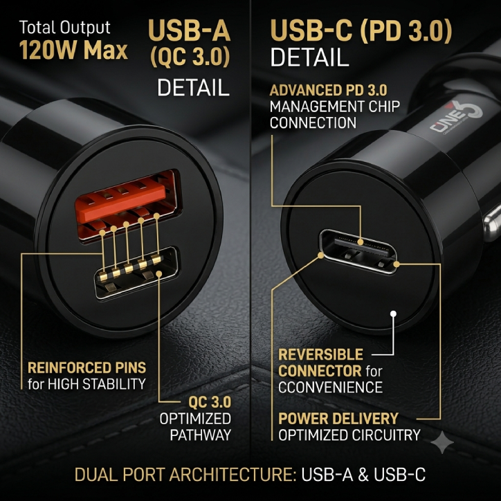 one3 120w qcpd car charger carmaxqcpd USB Close-up view of ONE3 CARMAXQCPD dual ports highlighting USB-C PD 3.0 and USB-A QC 3.0 compatibility