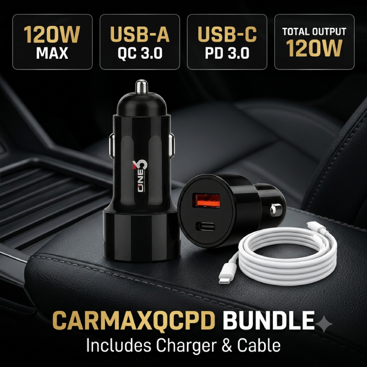one3 120w qcpd car charger carmaxqcpd main ONE3 120W QCPD Fast Car Charger Model CARMAXQCPD with Dual USB-C and USB-A Ports and Fast Charging Cable