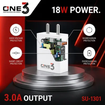 ONE3 SU-1301 wall charger plugged into wall socket charging a smartphone