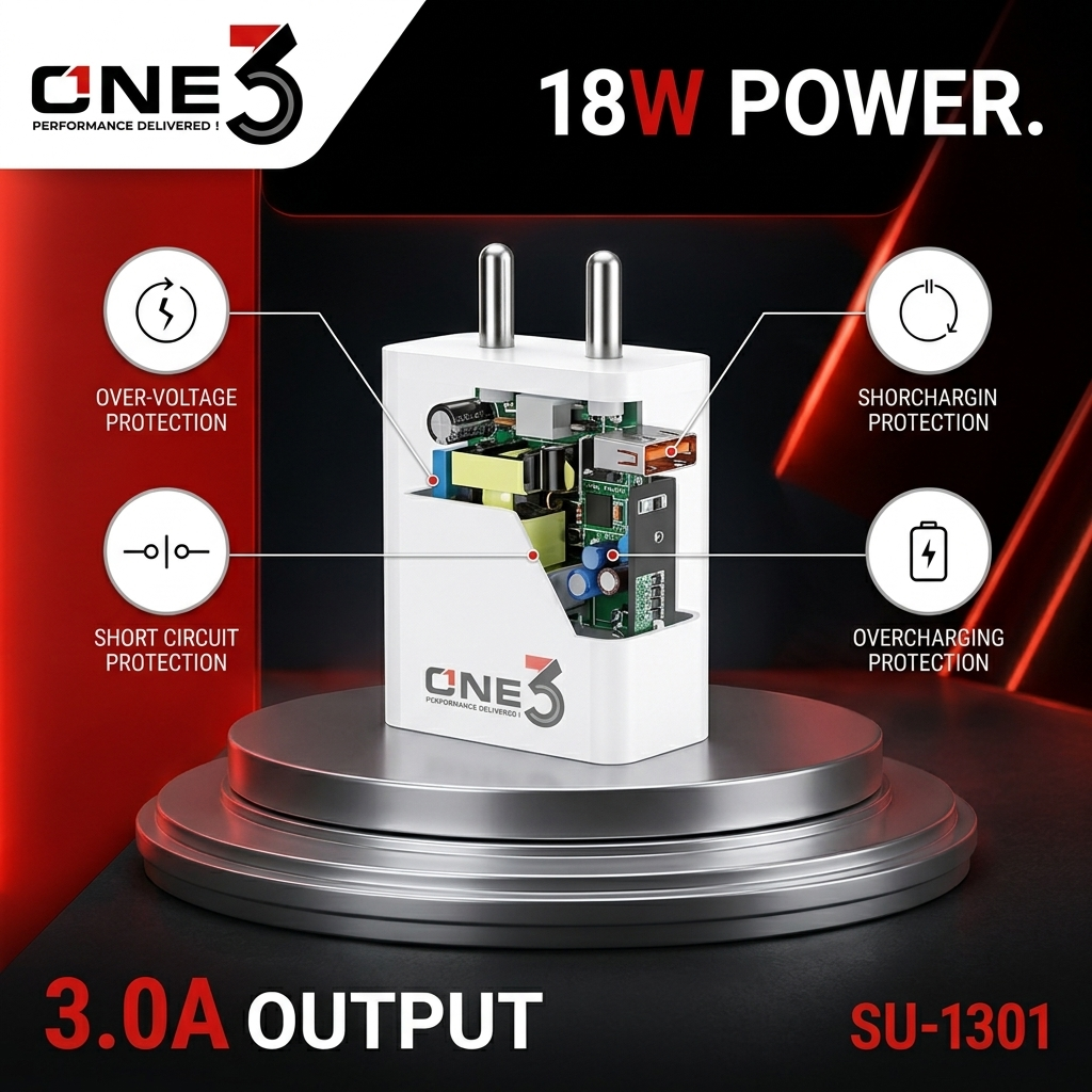 one3 18w single usb charger su-1301 Features ONE3 SU-1301 wall charger plugged into wall socket charging a smartphone