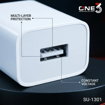 Close-up view of ONE3 18W charger USB port showing 5-layer safety protection icons