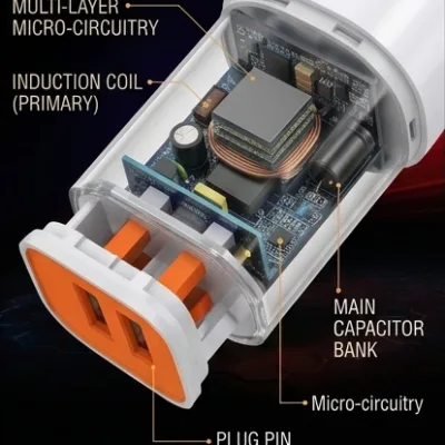 Close-up view of ONE3 22W dual USB ports with orange accent trim and Smart IC callout