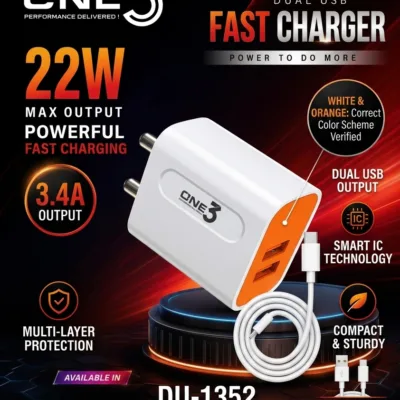 ONE3 22W Dual USB Charger DU-1352 with 3.4A Output and Smart IC Technology