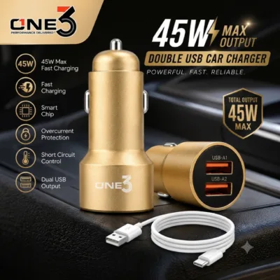 ONE3 45W Double USB Car Charger Model CARMAX2U with Gold Metallic Body and Fast Charging Cable