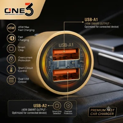 Close-up of ONE3 CARMAX2U car charger dual USB ports USB-A1 and USB-A2 with Smart Chip callout