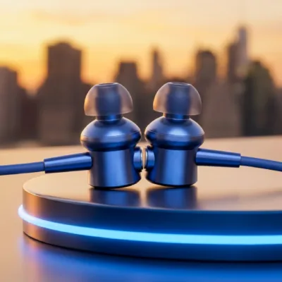 Close-up of ONE3 Cozy Wireless Neckband magnetic earbuds with magnetic on off function