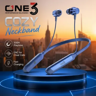 Inline control panel of ONE3 Cozy Wireless Neckband with voice changer and volume buttons