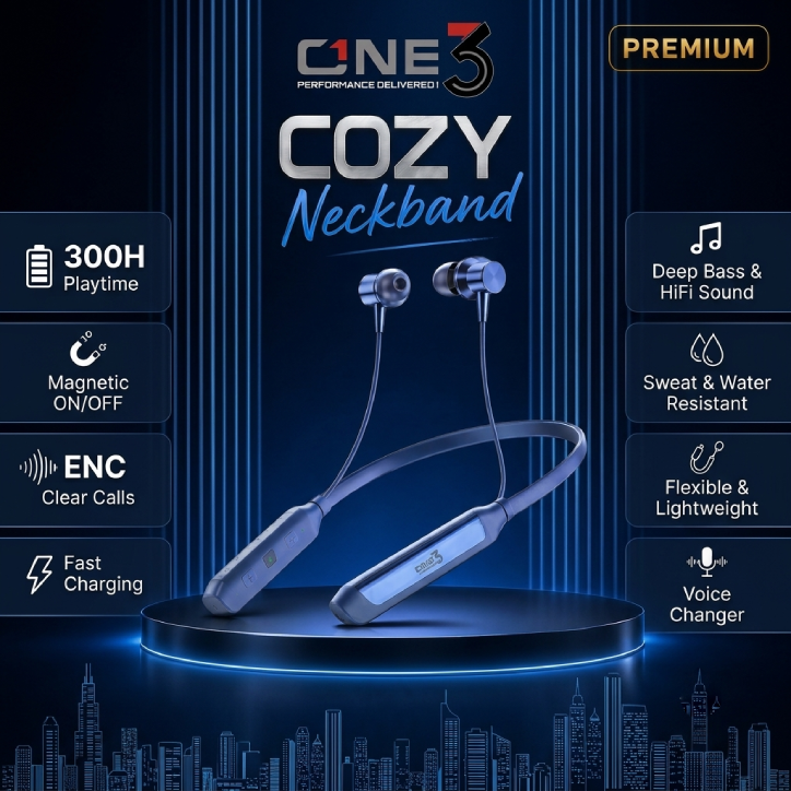 ONE3 Cozy Wireless Neckband with 300 Hours Playtime and Magnetic On Off